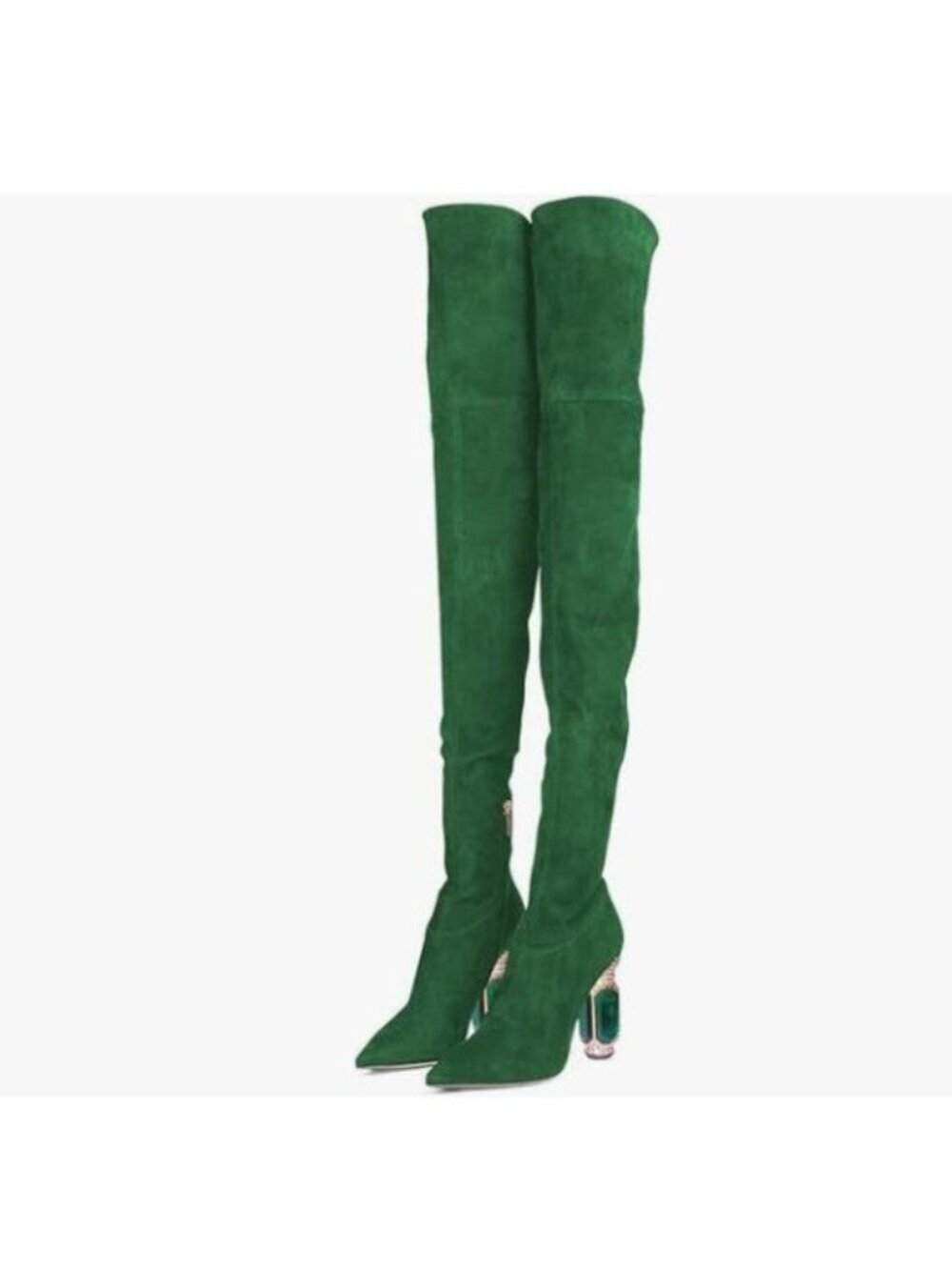 FSJ Green Crystal Chunky High Heel Stretch Thigh High Zipper Over The Knee Boots